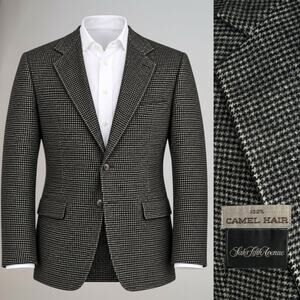 Saks Camel Hair Sport Coat 42-44L Black Ivory Heathered Houndstooth Melange